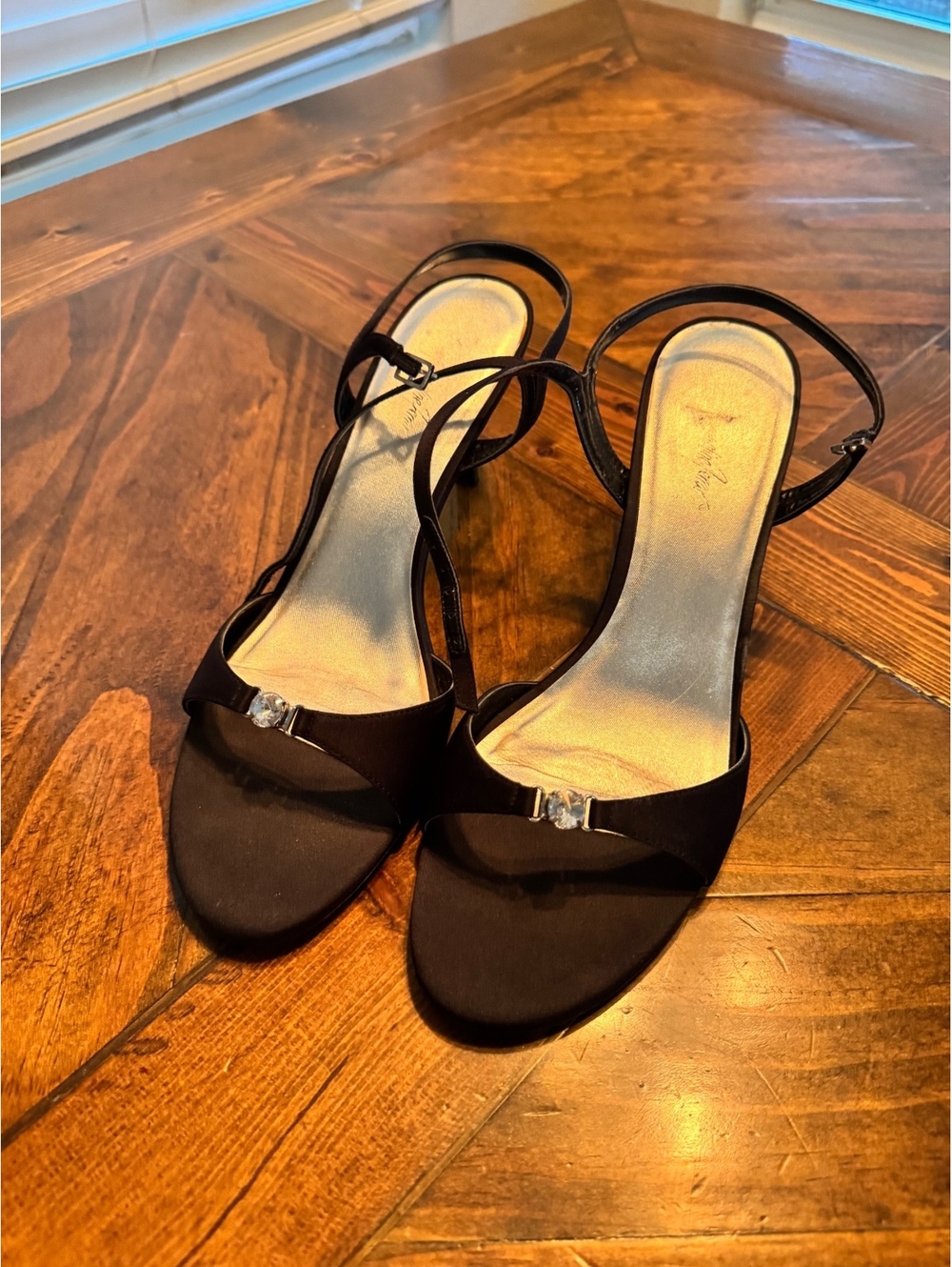 Jacqueline Ferrar Black Satin Open Toe Slingback Heels with Rhinestone Accents